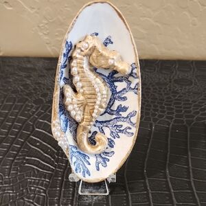ONE OF A KIND HANDMADE EMBELLISHED Seahorse  Seashell with Blue Coral Pattern